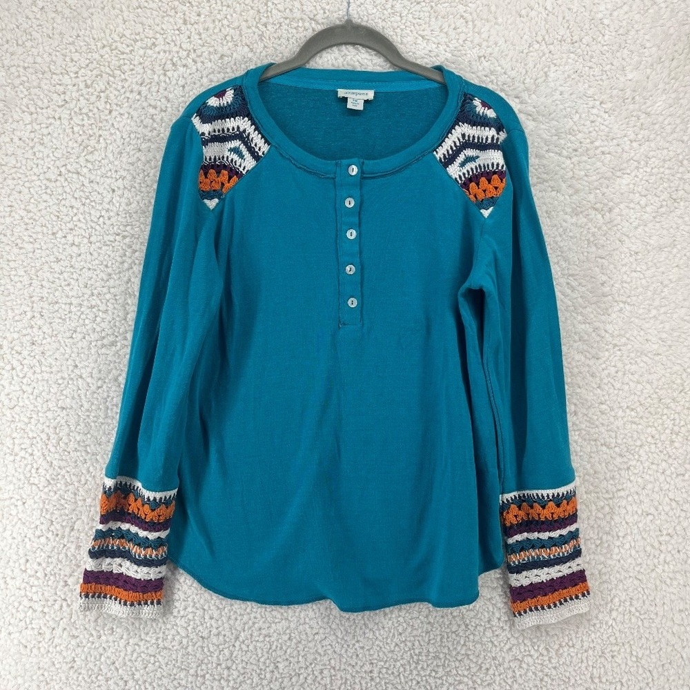 Sundance Teal Henley Top Womens PM Crochet Trim Boho Long Sleeve 100% Cotton